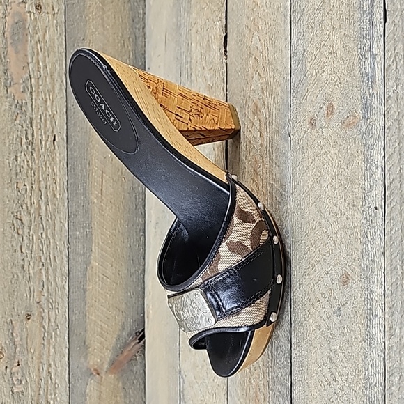 COACH Women's Illisa Heel Shoes Black Brown Brass Logo Plate Platform Sandal - Picture 3 of 11